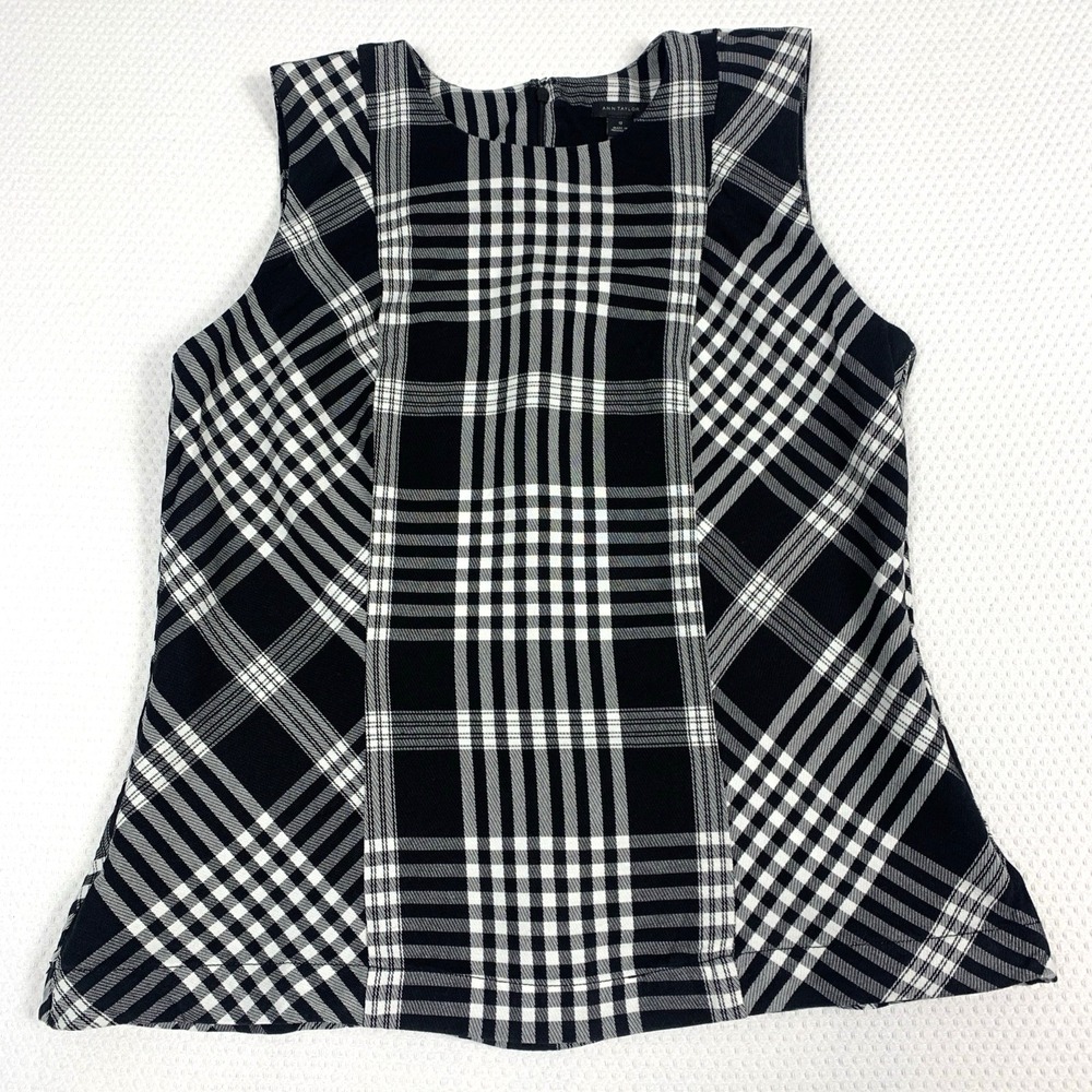 Ann Taylor Sleeveless Top Women Size 12 Black White Plaid Back Zip Linen Blend
